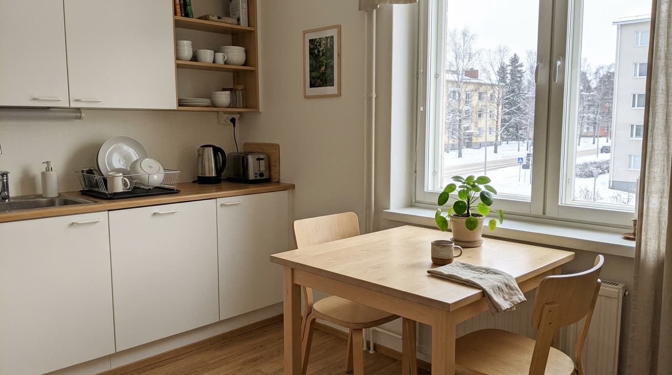 Valoisa suomalainen olohuone ja kotisiivous