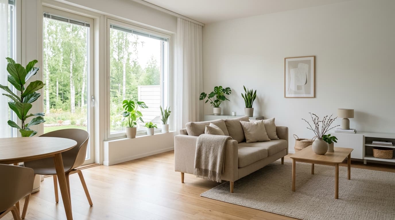 Kirkas pohjoismainen olohuone — siisti koti ja ammattimainen kotisiivous Oulussa